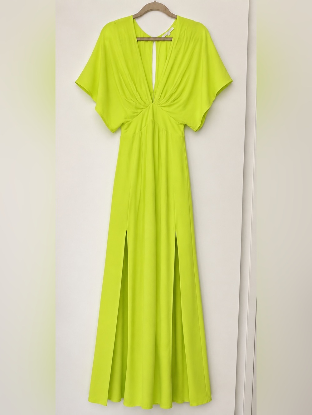 Small Olivaceous Neon Lime Flowing Rayon Front Slits Maxi Dress